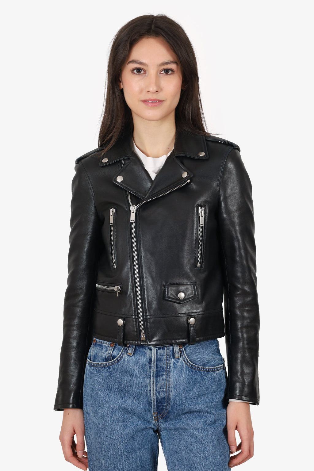 Saint Laurent Black Leather Moto Jacket Size 36