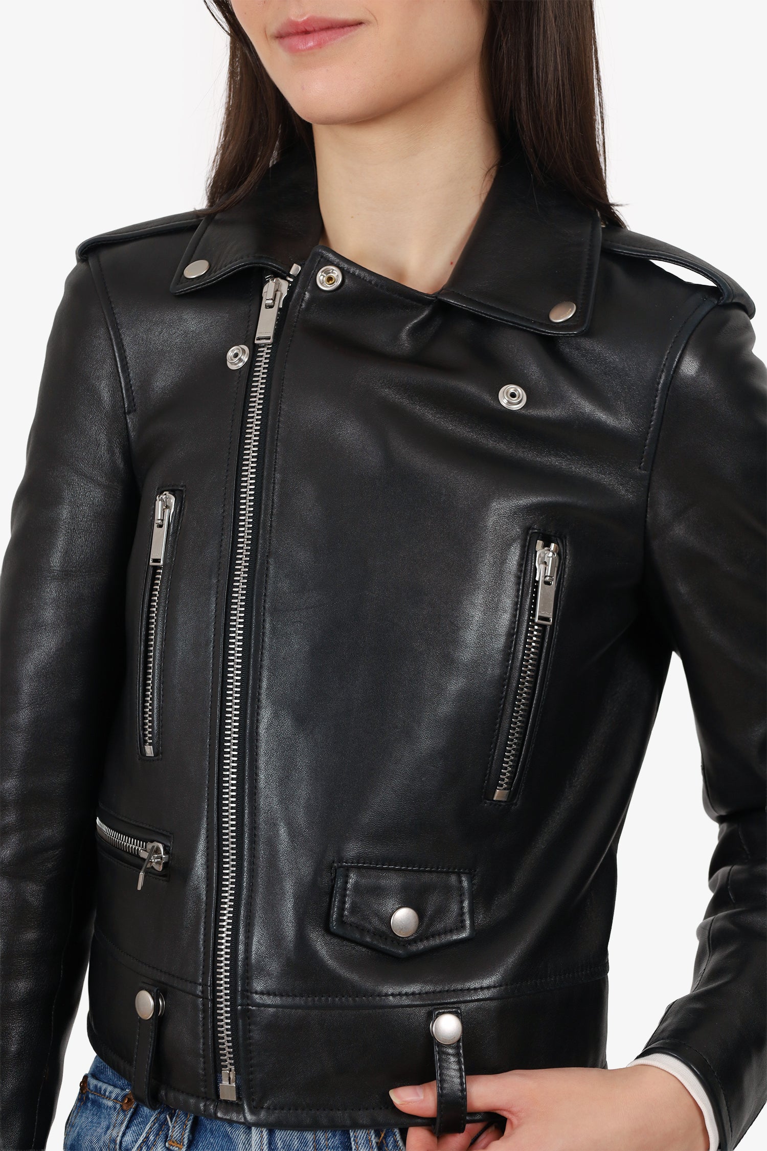 Saint Laurent Black Leather Moto Jacket Size 36