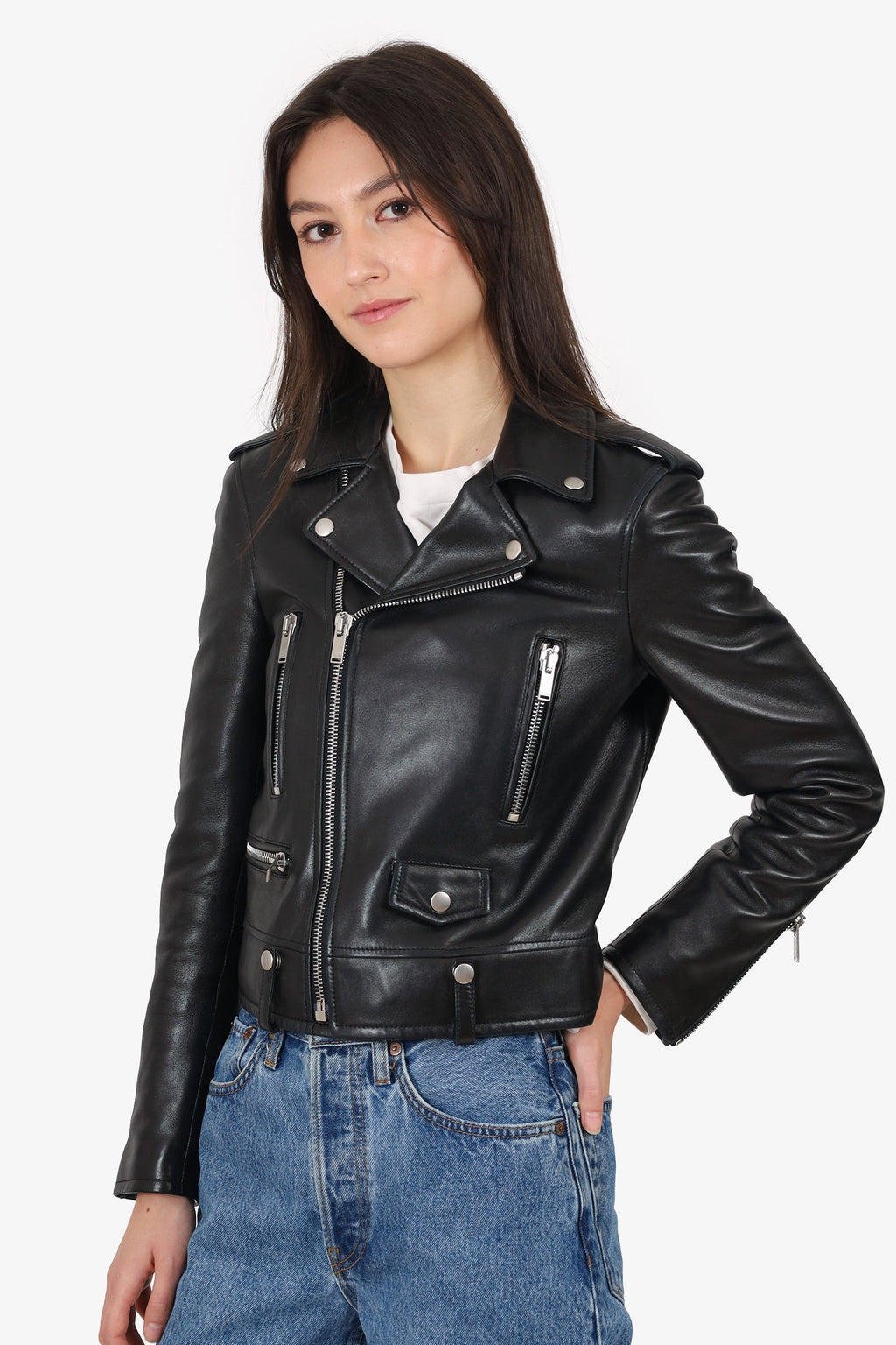 Saint Laurent Black Leather Moto Jacket Size 36