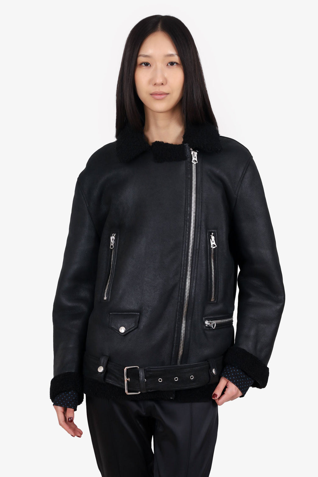Acne Studios Black Leather/Shearling Biker Jacket Size 38