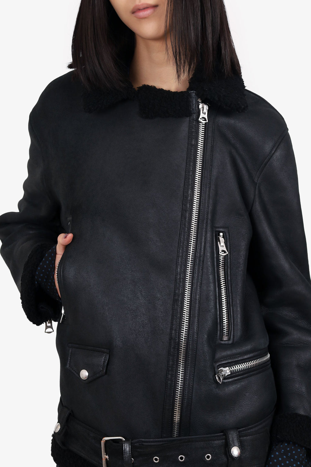 Acne Studios Black Leather/Shearling Biker Jacket Size 38