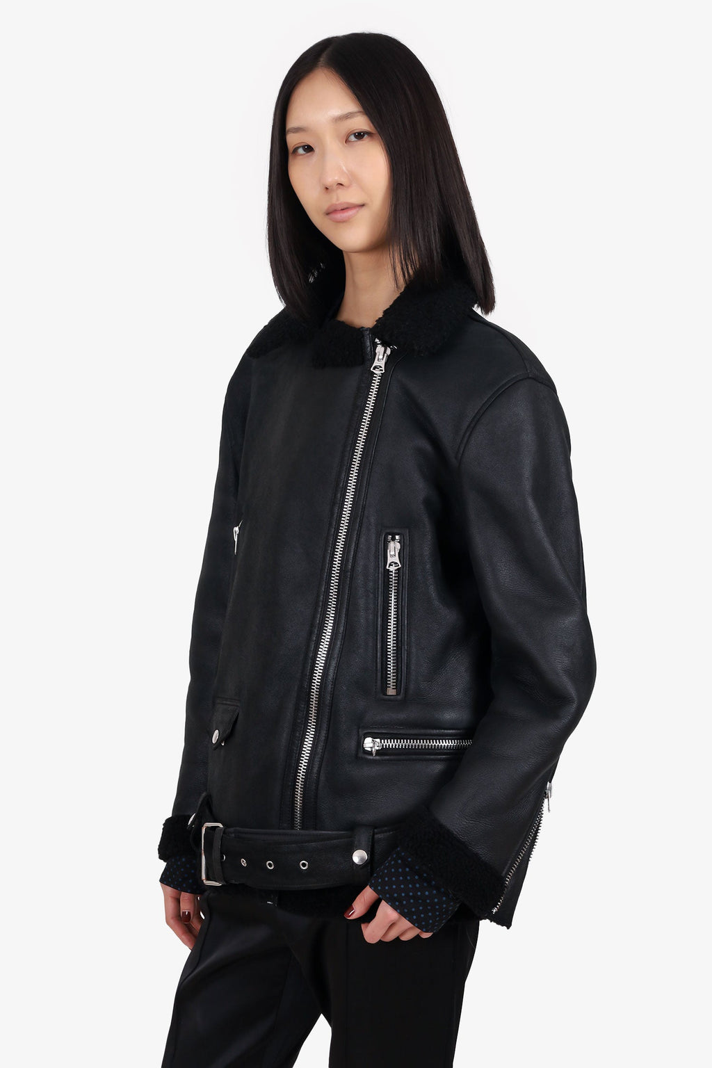 Acne Studios Black Leather/Shearling Biker Jacket Size 38