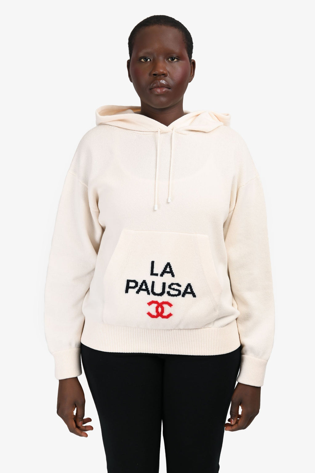 Pre-Loved Chanel™ Cream Cashmere 'La Pausa' Logo Hooded Sweater Size 46