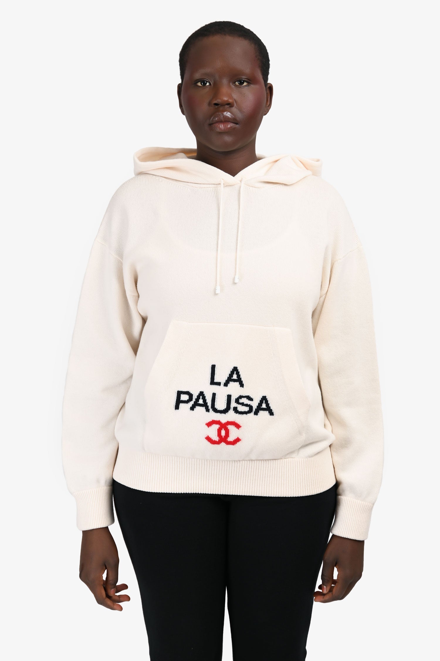 Pre-Loved Chanel™ Cream Cashmere 'La Pausa' Logo Hooded Sweater Size 46