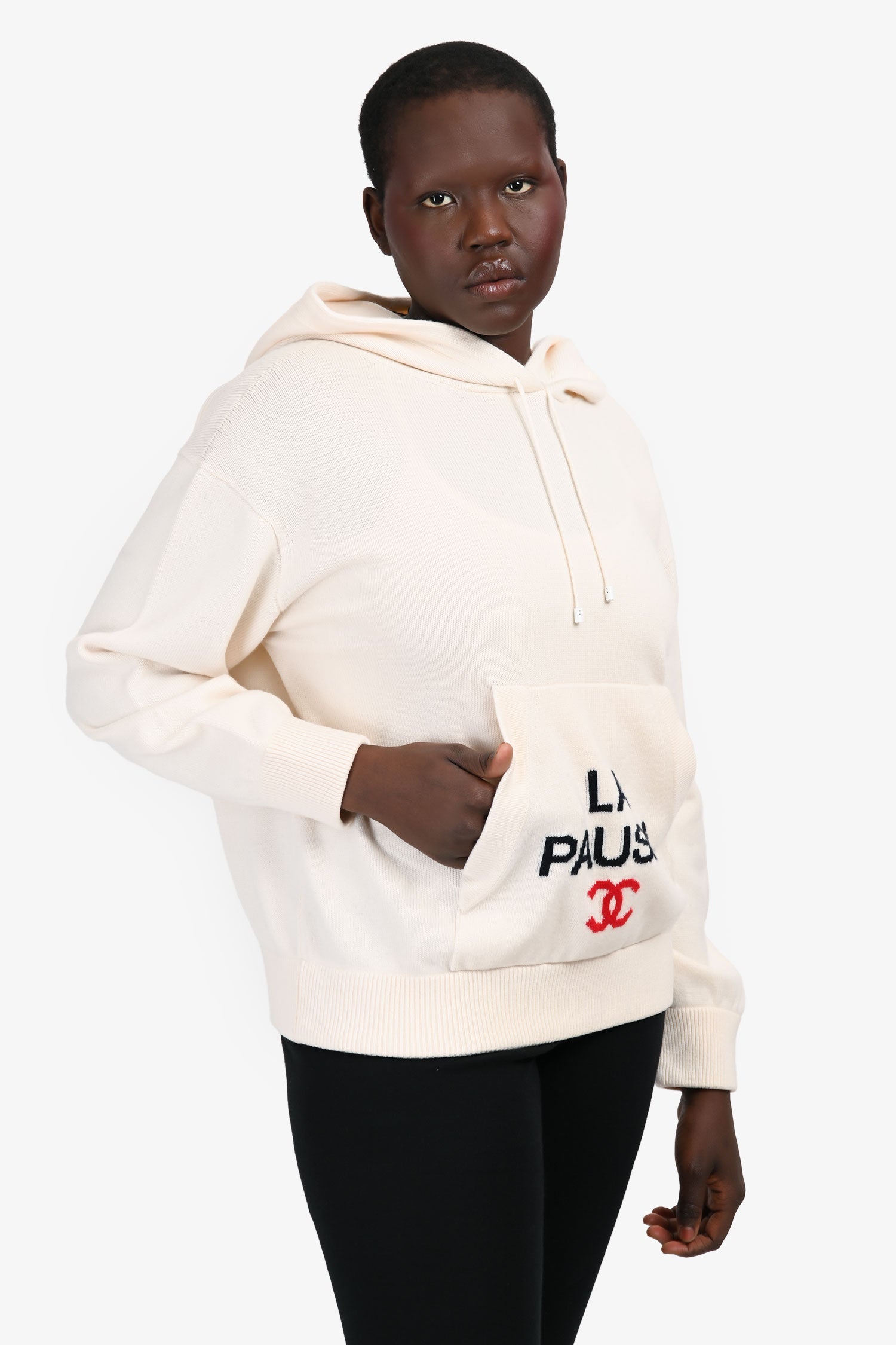 Pre-Loved Chanel™ Cream Cashmere 'La Pausa' Logo Hooded Sweater Size 46