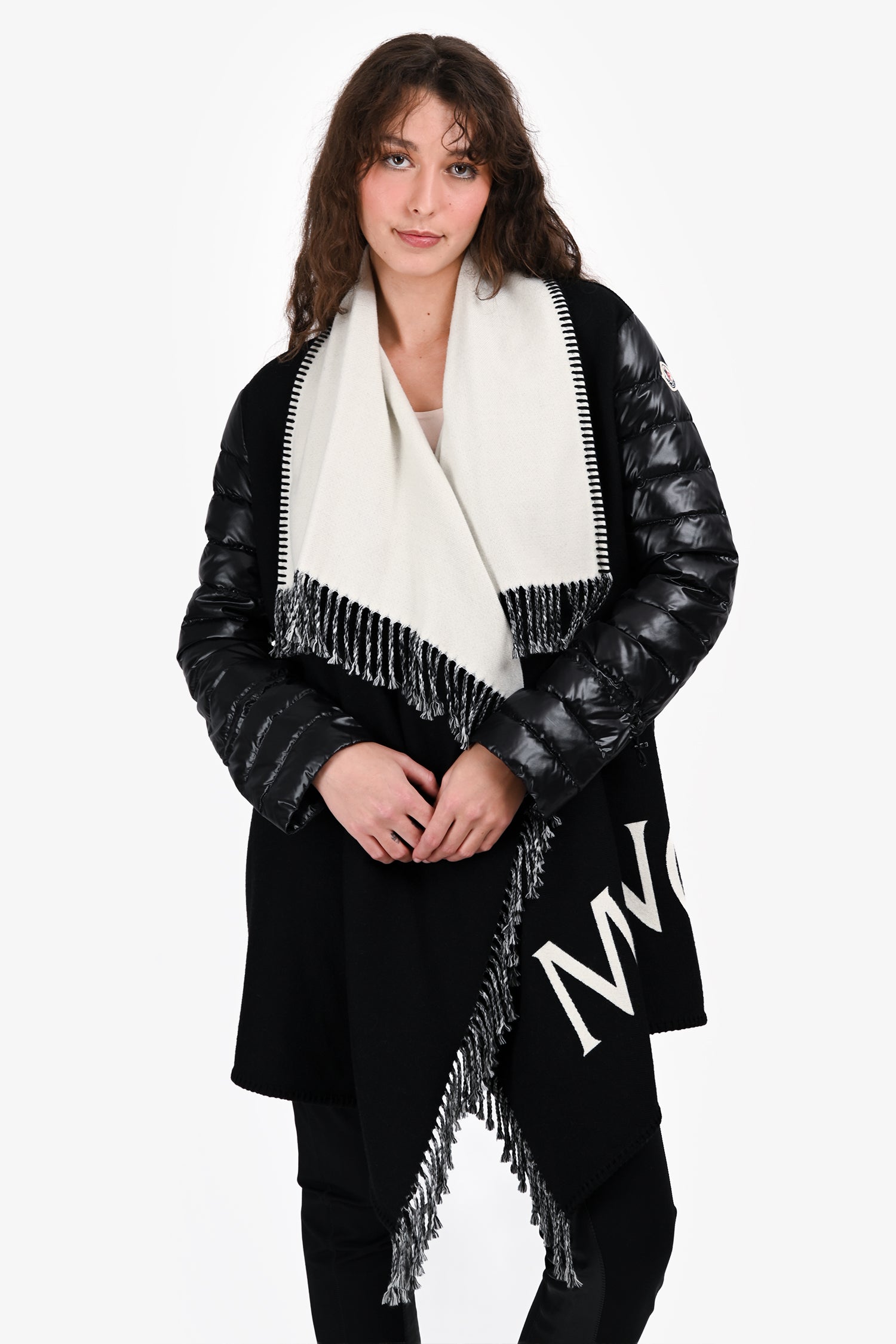 Moncler Black/White Nylon/Wool Fringe Trim Cape Coat Size S