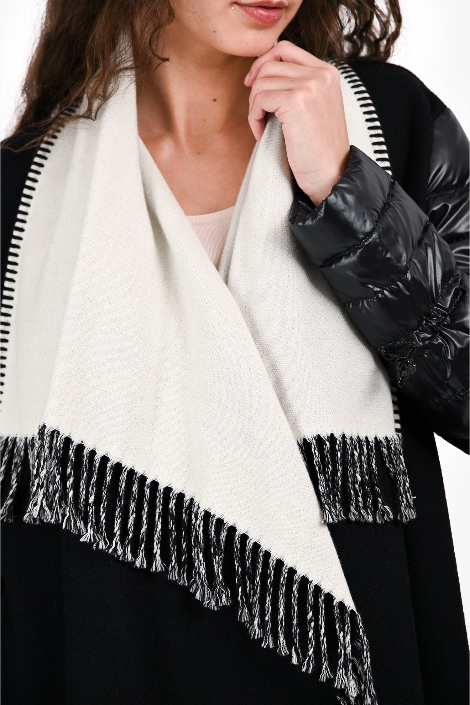 Moncler Black/White Nylon/Wool Fringe Trim Cape Coat Size S
