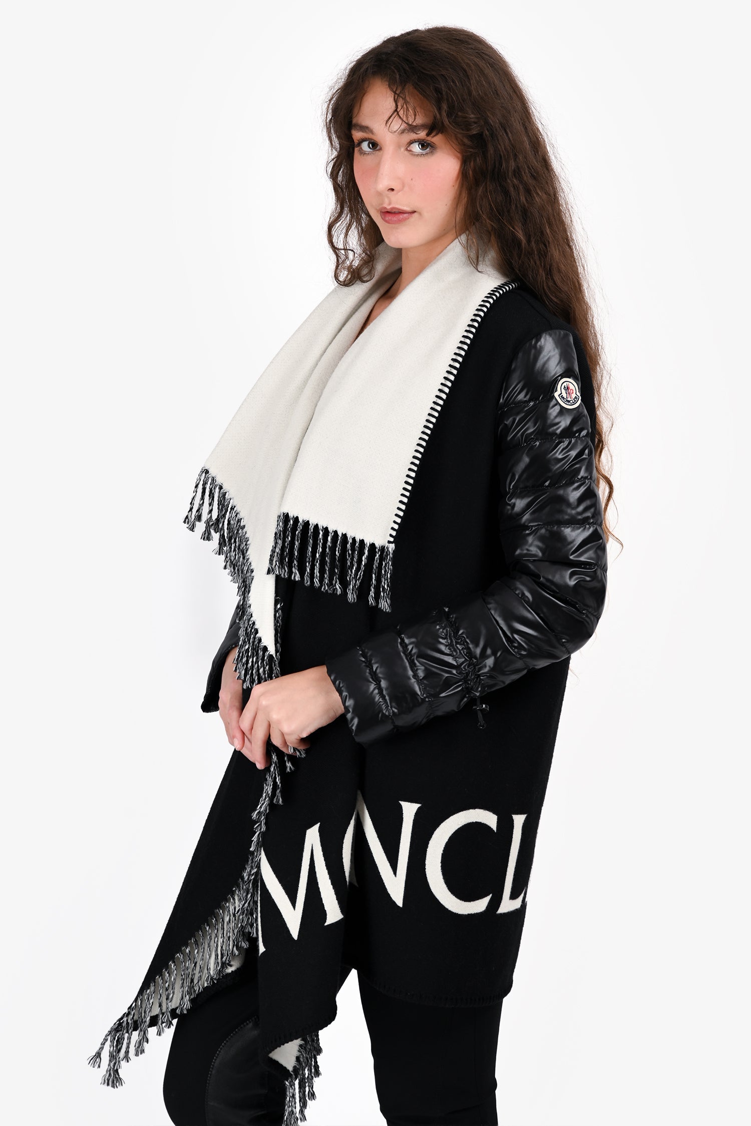 Moncler Black/White Nylon/Wool Fringe Trim Cape Coat Size S