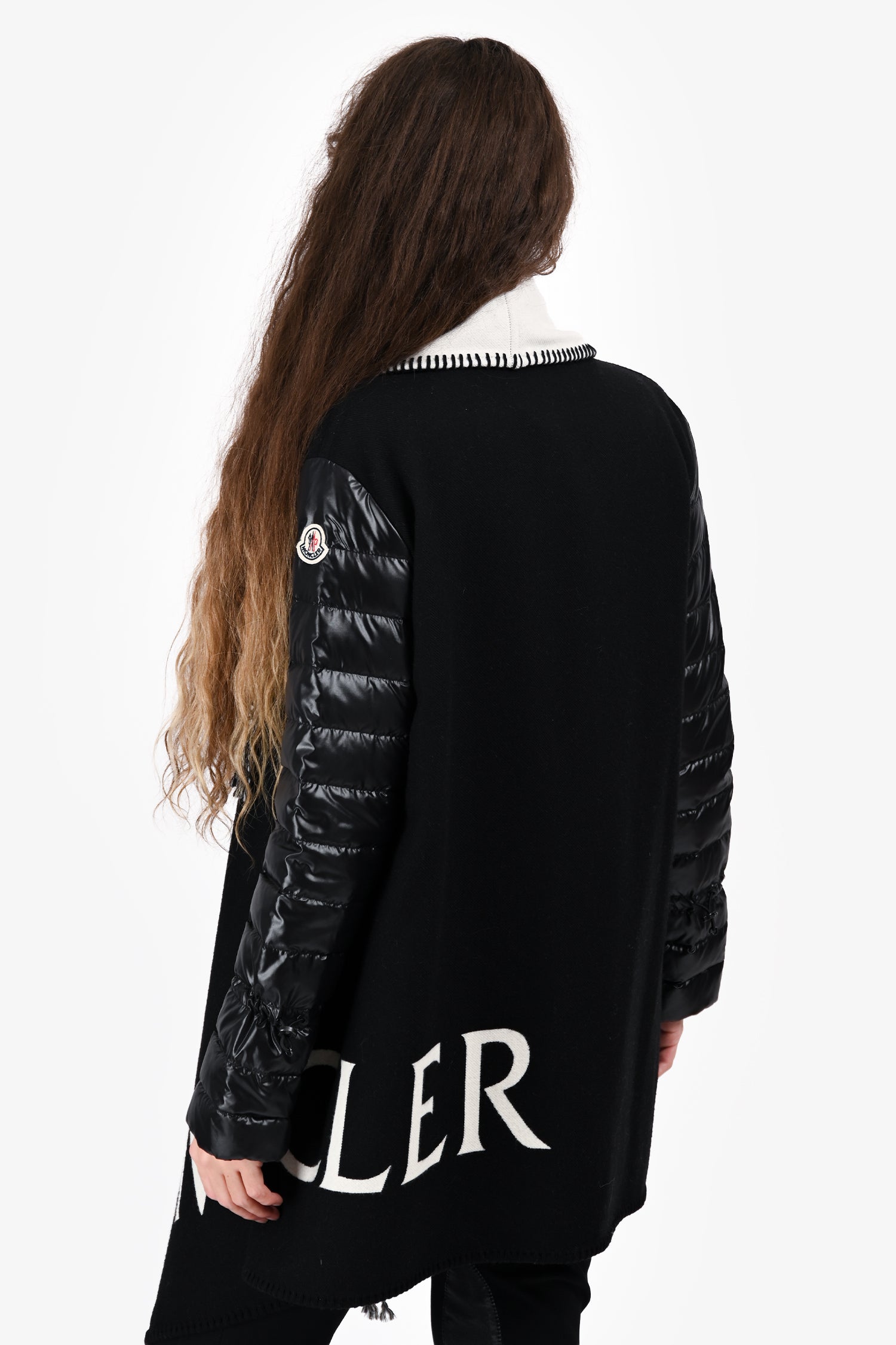 Moncler Black/White Nylon/Wool Fringe Trim Cape Coat Size S
