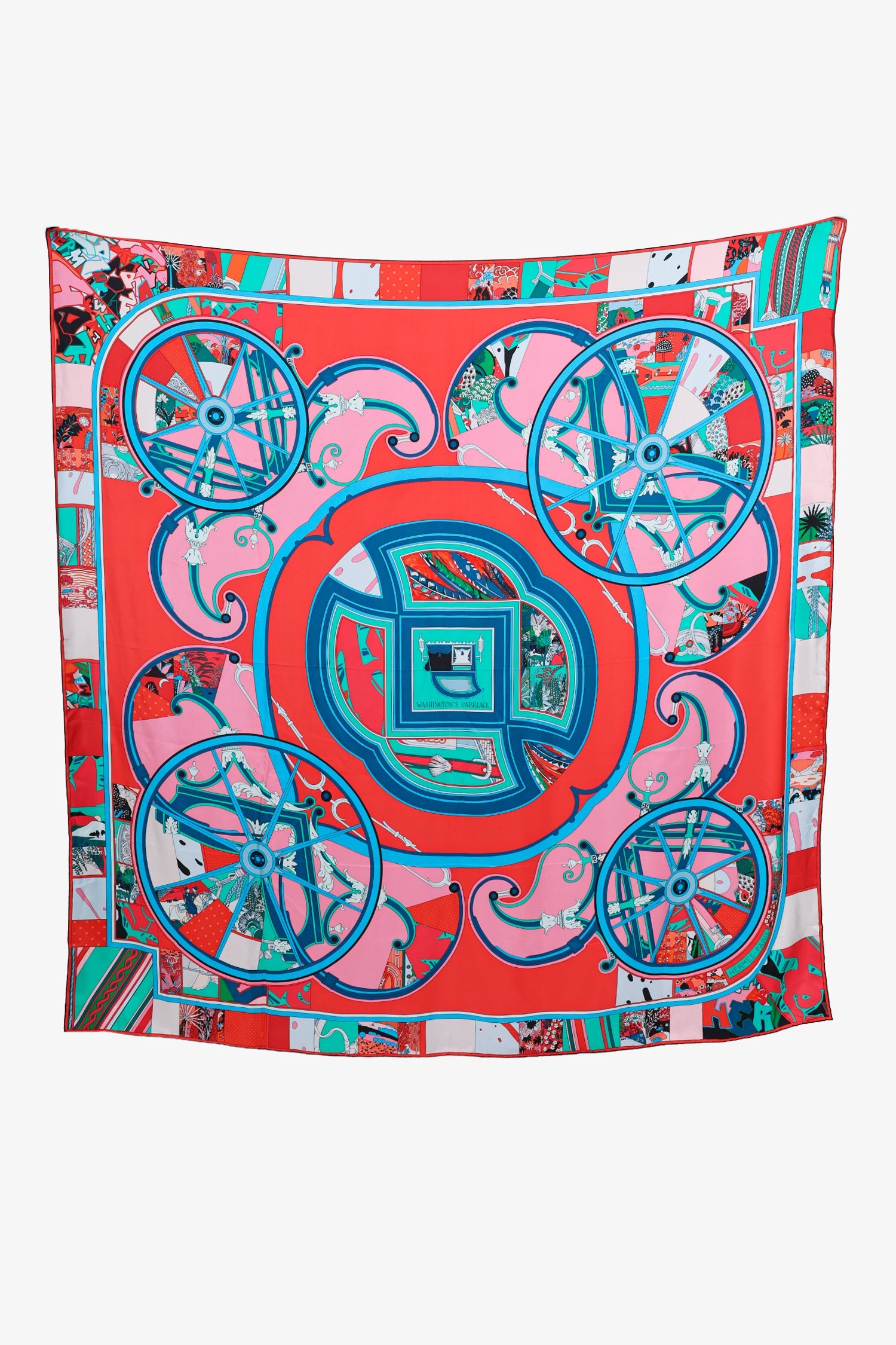 Hermès Teal/Red/Multi Silk 'Washington's Carriage' Scarf 140