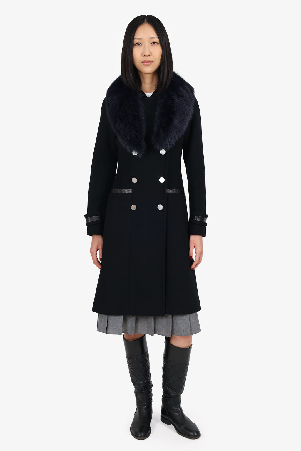 Soia & Kyo Black Fur Trimmed Double-Breasted Long Coat Size XS