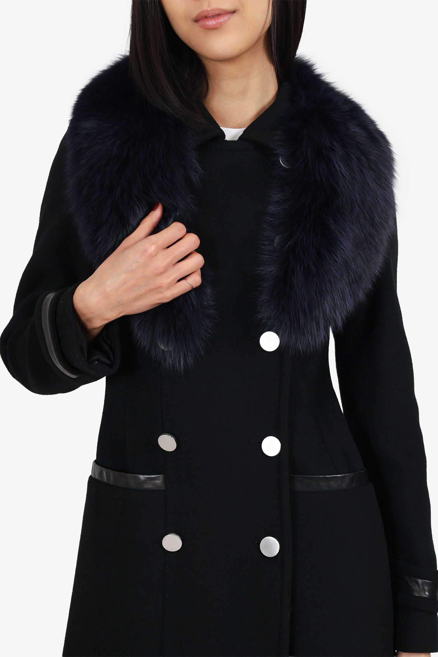 Soia & Kyo Black Fur Trimmed Double-Breasted Long Coat Size XS