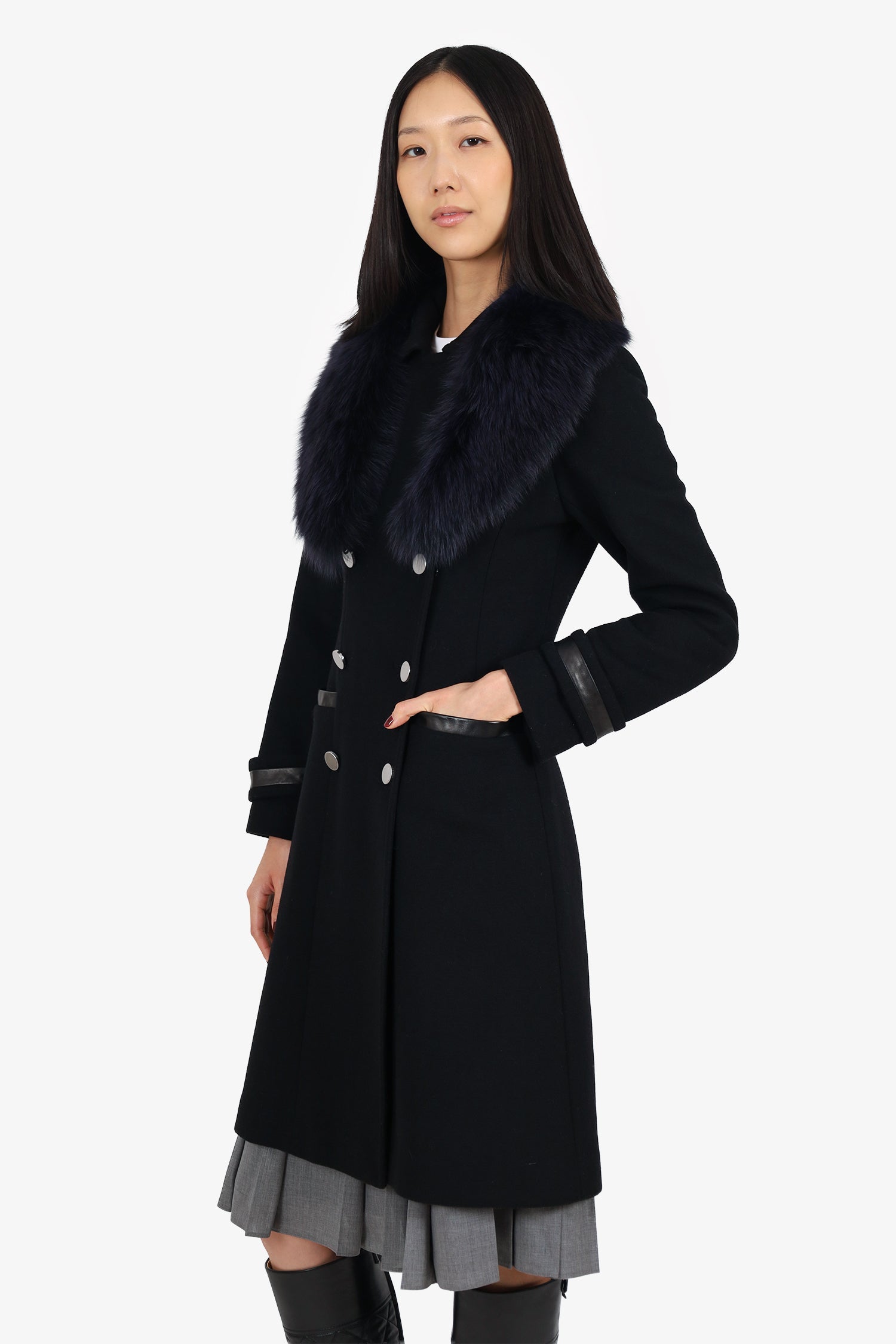 Soia & Kyo Black Fur Trimmed Double-Breasted Long Coat Size XS