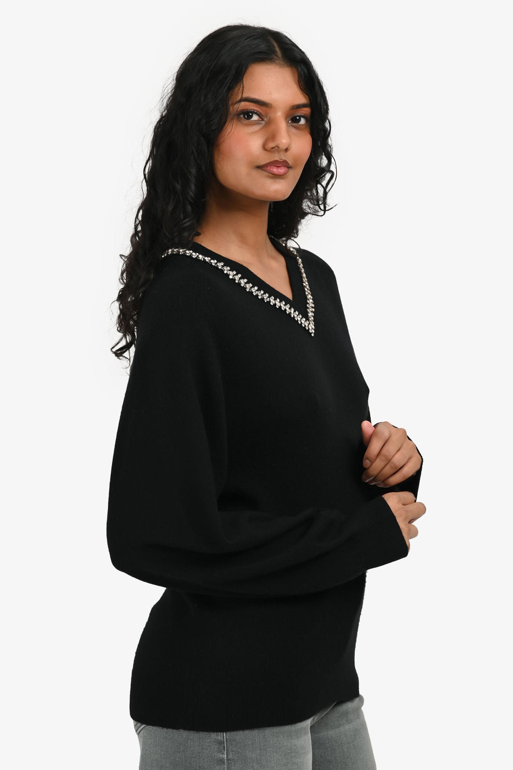 Maje Black Wool/Cashmere Crystal Trim V-Neck Sweater Size 0