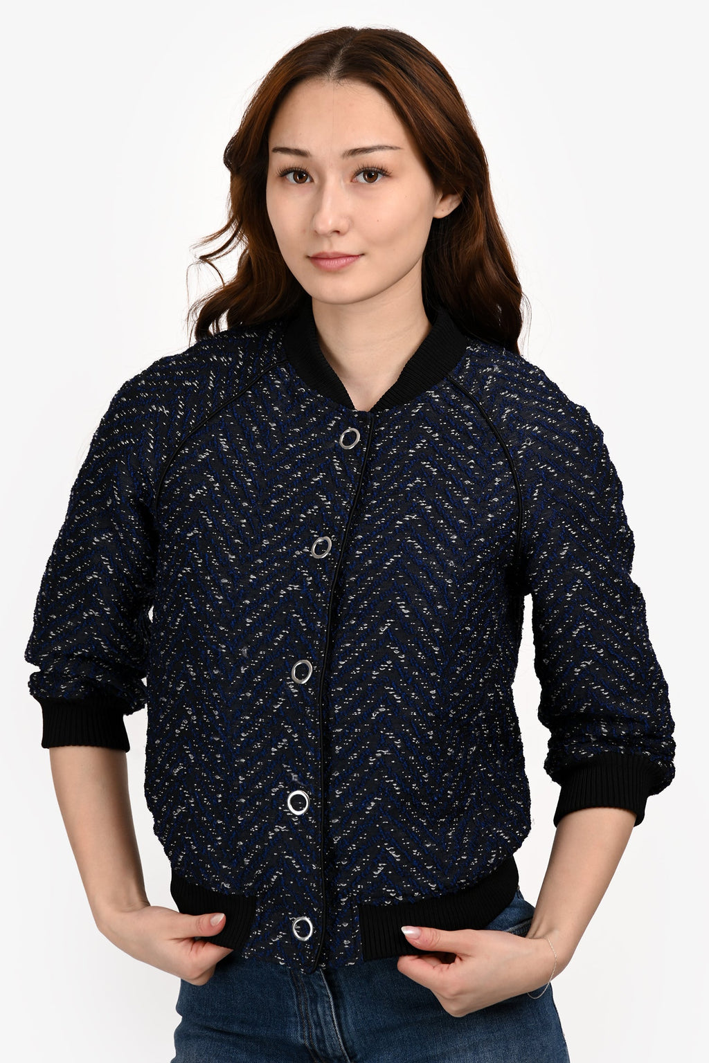 3.1 Phillip Lim Blue/Black Tweed Scrunched Sleeve Buttoned Jacket Size 0