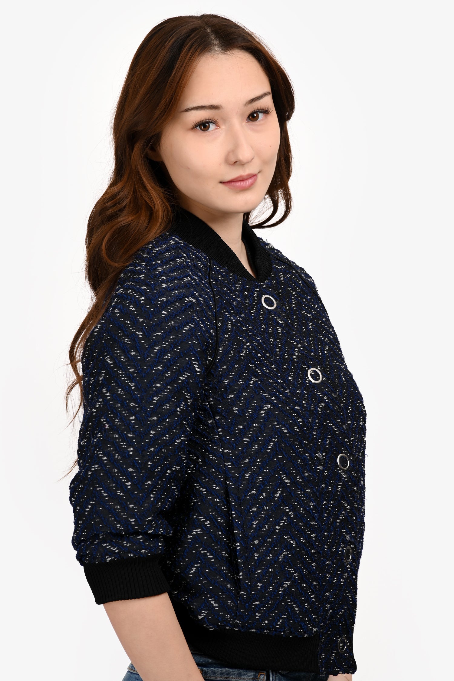 3.1 Phillip Lim Blue/Black Tweed Scrunched Sleeve Buttoned Jacket Size 0