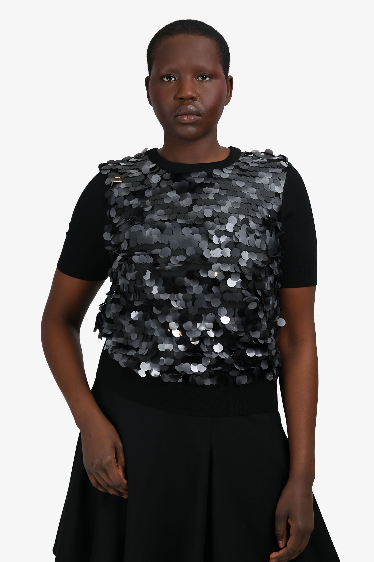 Akris Punto Black Virgin Wool Short Sleeve Large Sequin Sweater Size 10