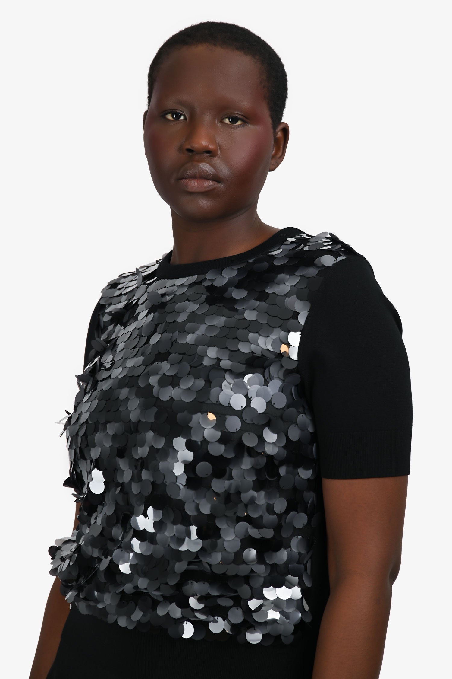 Akris Punto Black Virgin Wool Short Sleeve Large Sequin Sweater Size 10