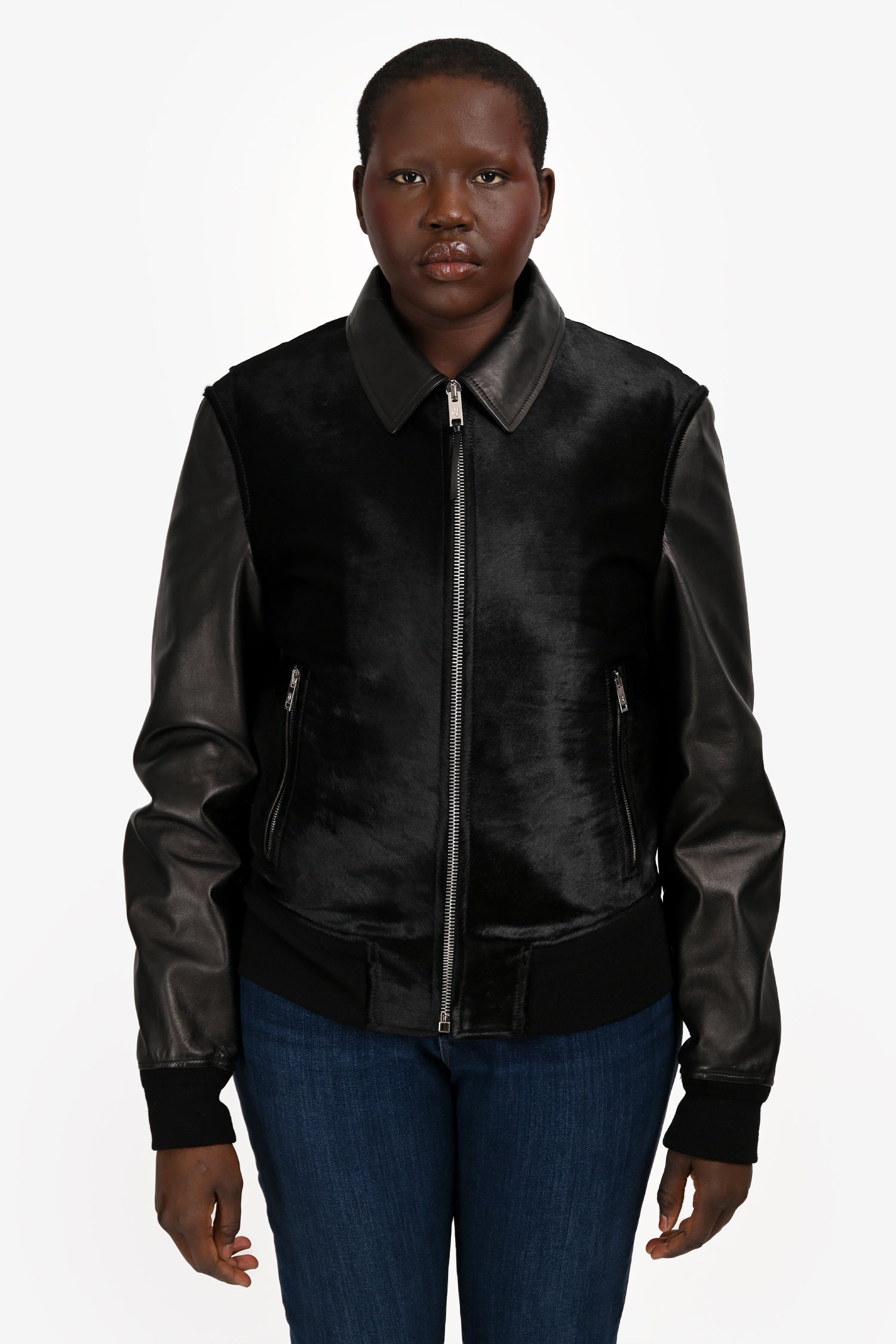 Alexander McQueen Black Ponyhair/Leather Bomber Jacket Size 48 Mens