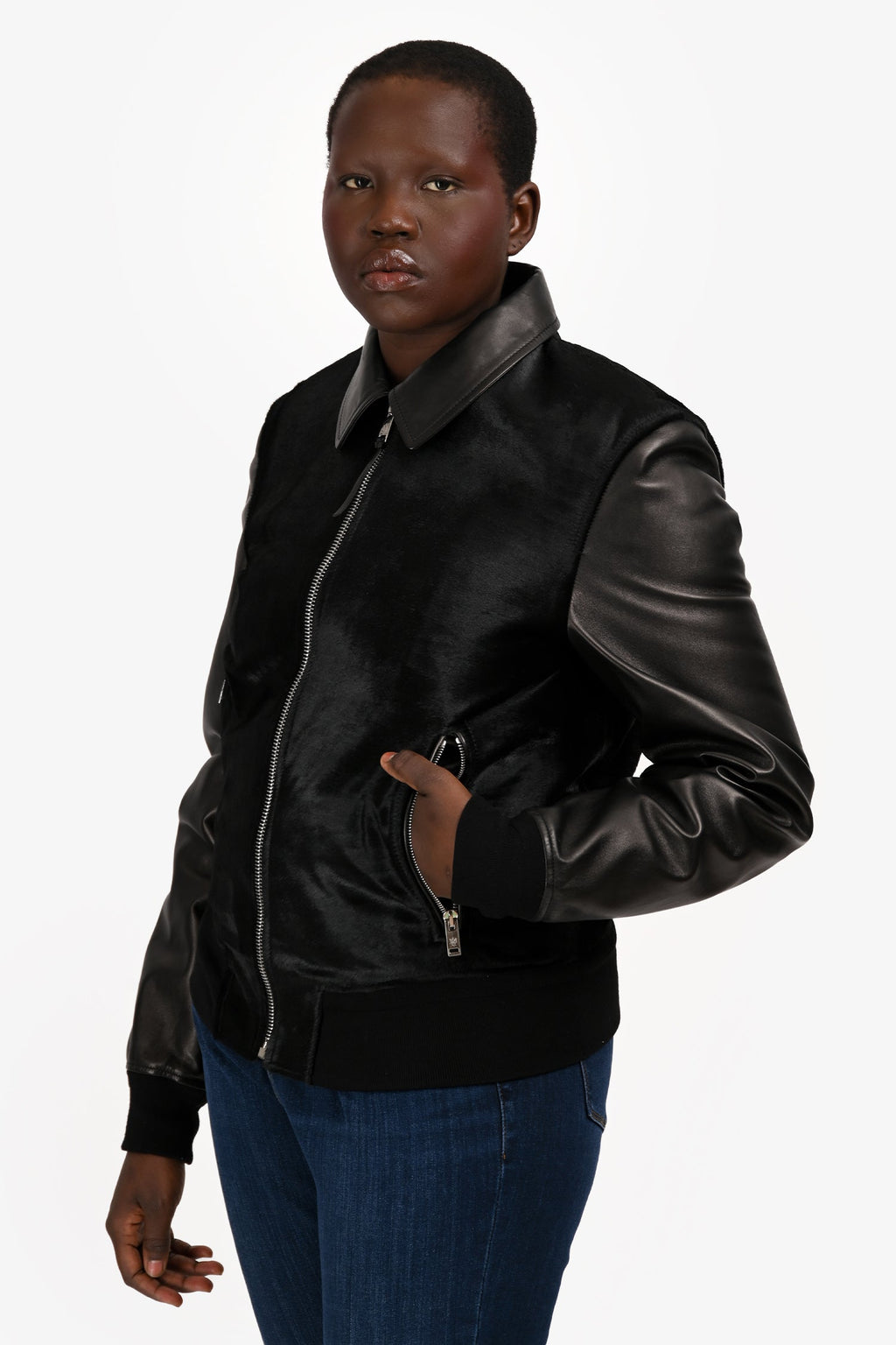 Alexander McQueen Black Ponyhair/Leather Bomber Jacket Size 48 Mens