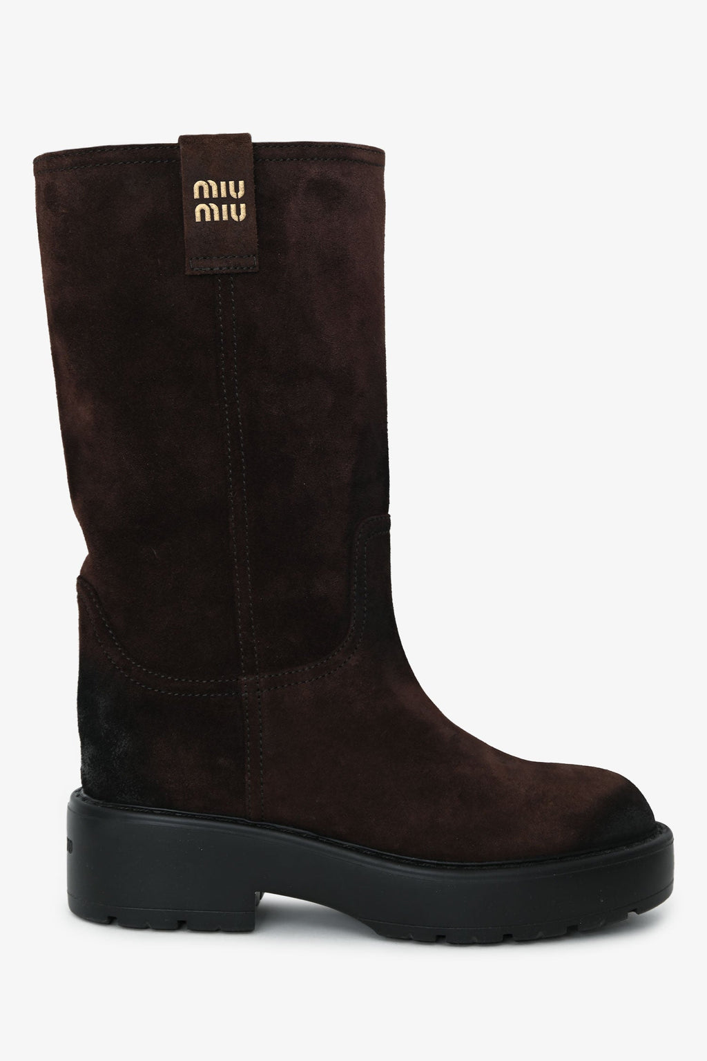 Miu Miu Dark Brown Distressed Suede Mid-Calf Moto Boots Size 37.5