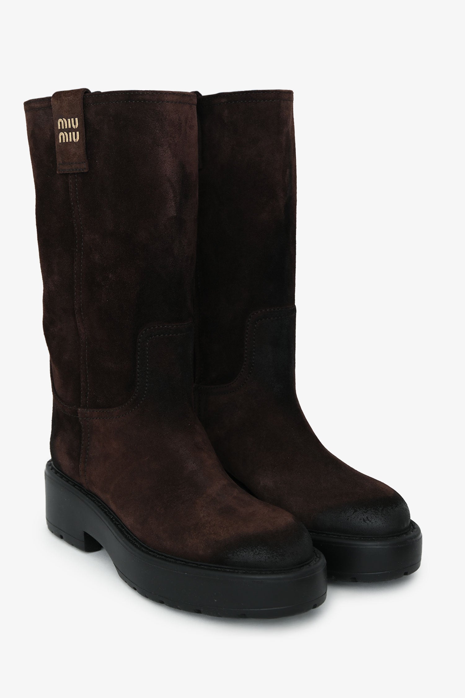 Miu Miu Dark Brown Distressed Suede Mid-Calf Moto Boots Size 37.5