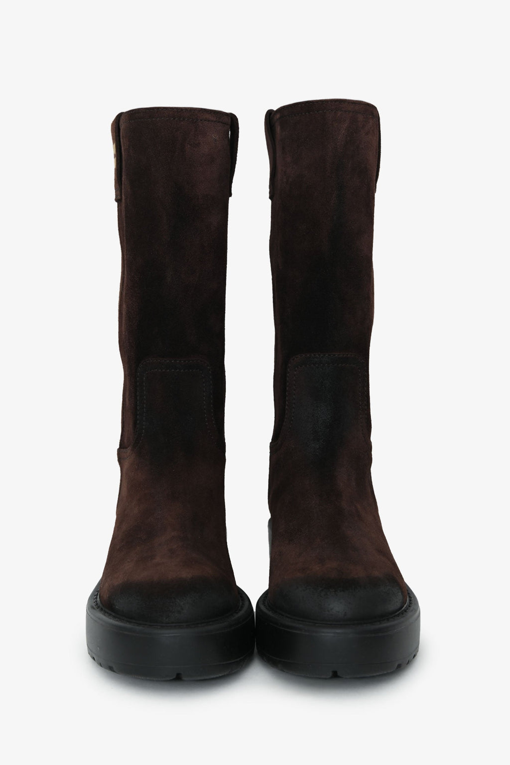 Miu Miu Dark Brown Distressed Suede Mid-Calf Moto Boots Size 37.5