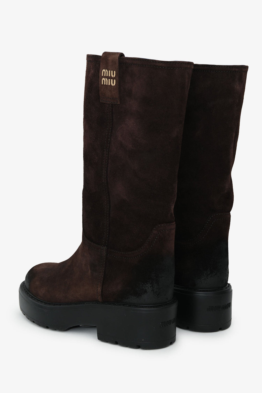 Miu Miu Dark Brown Distressed Suede Mid-Calf Moto Boots Size 37.5