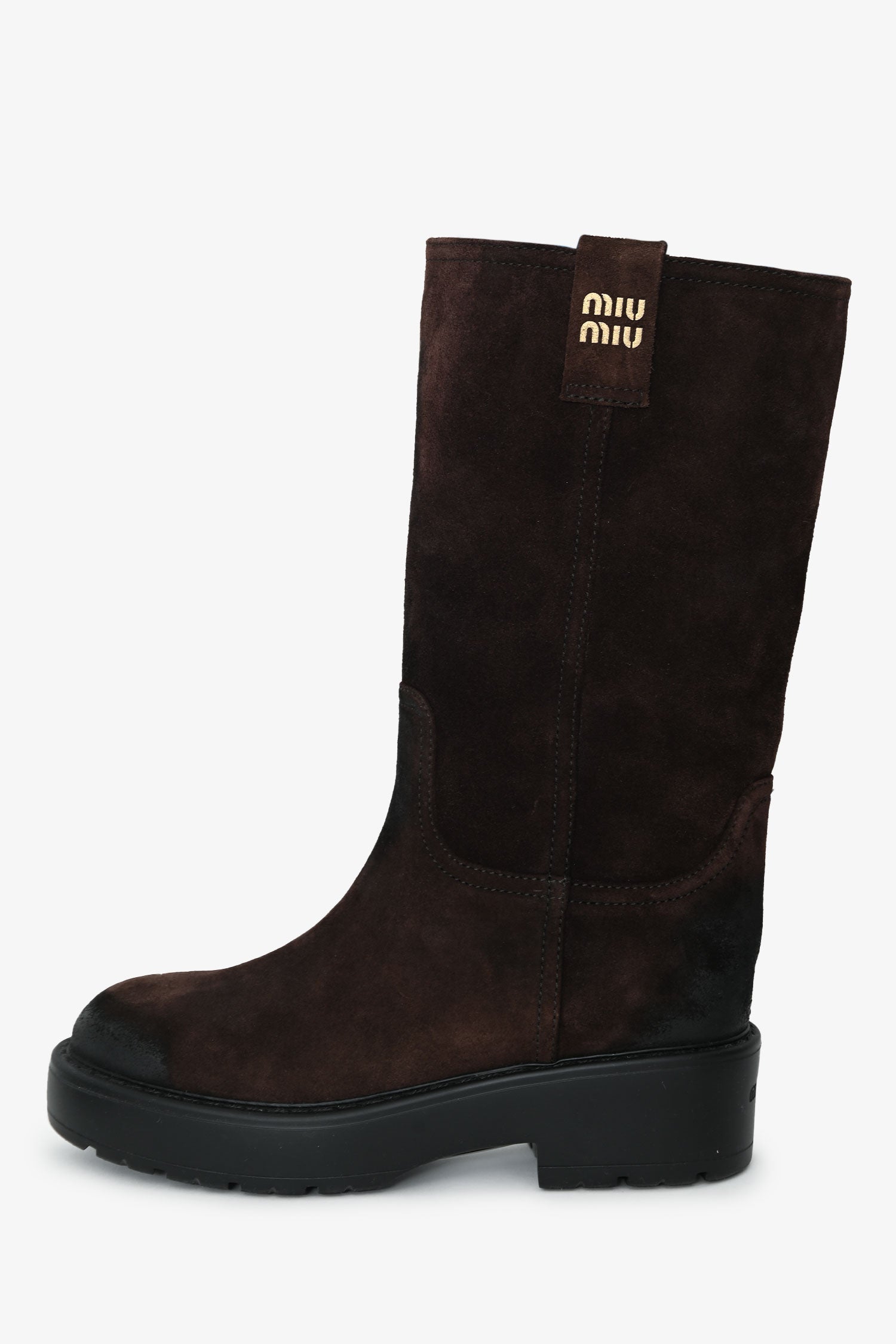 Miu Miu Dark Brown Distressed Suede Mid-Calf Moto Boots Size 37.5