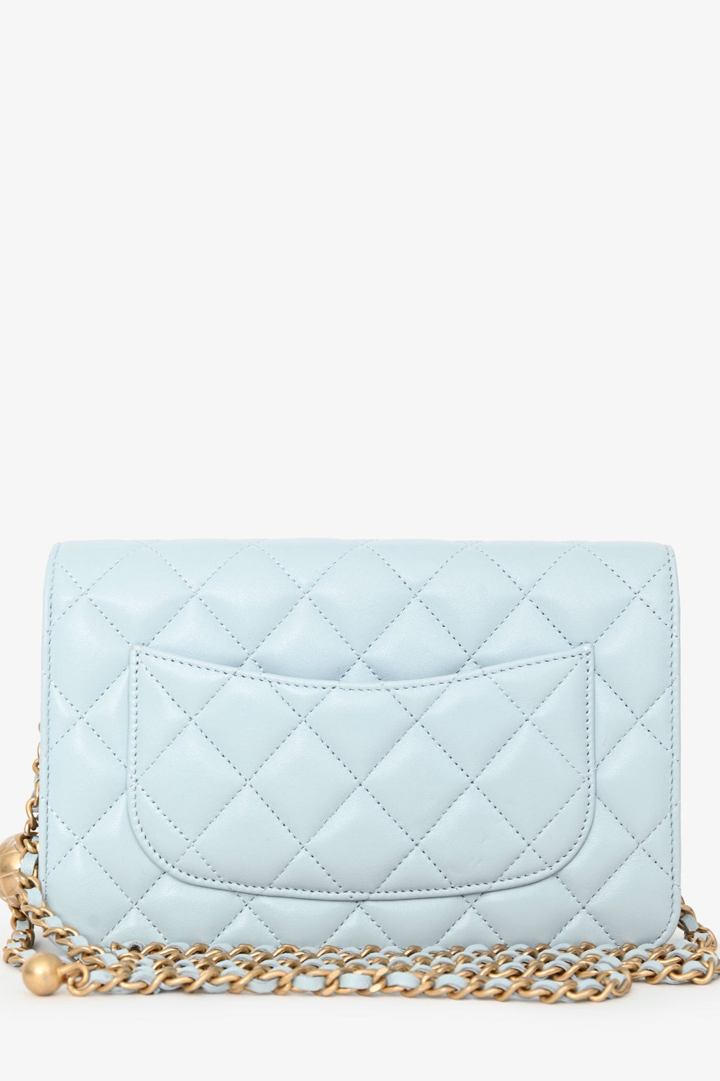 Pre-Loved Chanel™ Light Blue Leather Quilted CC Pearl Crush Wallet On Chain