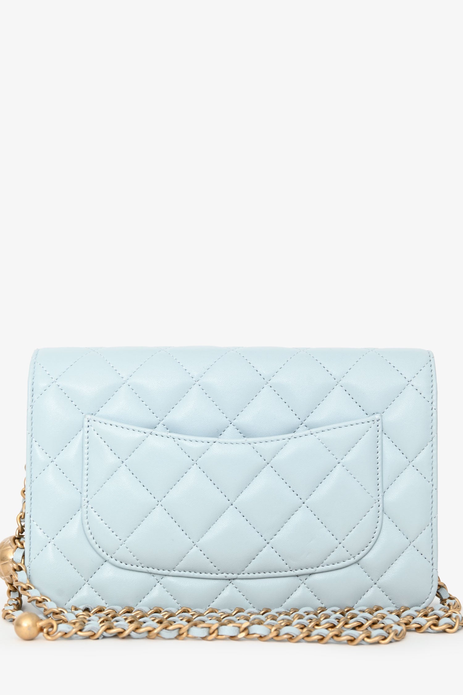 Pre-Loved Chanel™ Light Blue Leather Quilted CC Pearl Crush Wallet On Chain