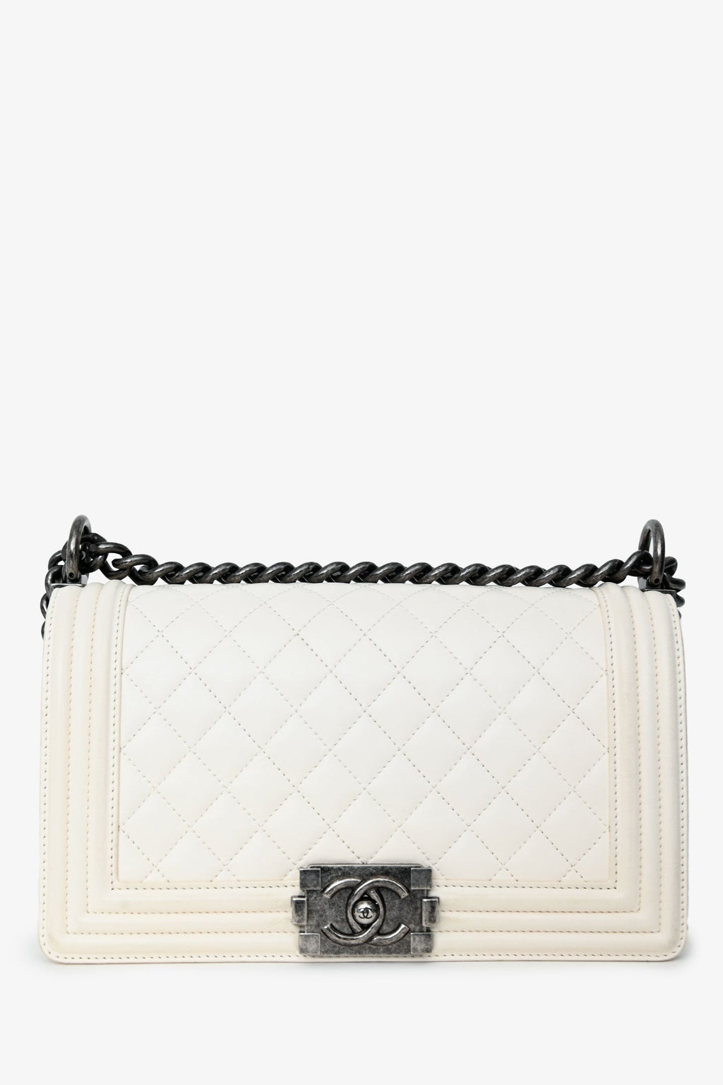 Pre-Loved Chanel™ 2015-16 White Quilted Lambskin Leather Old Medium Boy Bag