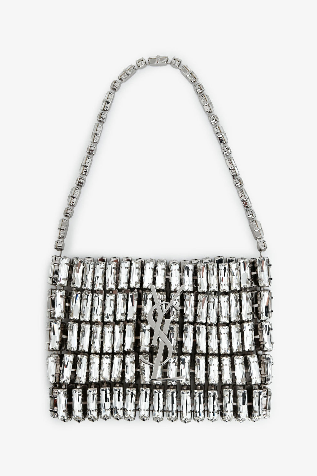 Saint Laurent Silver Tone Crystal Logo Micro Evening Bag