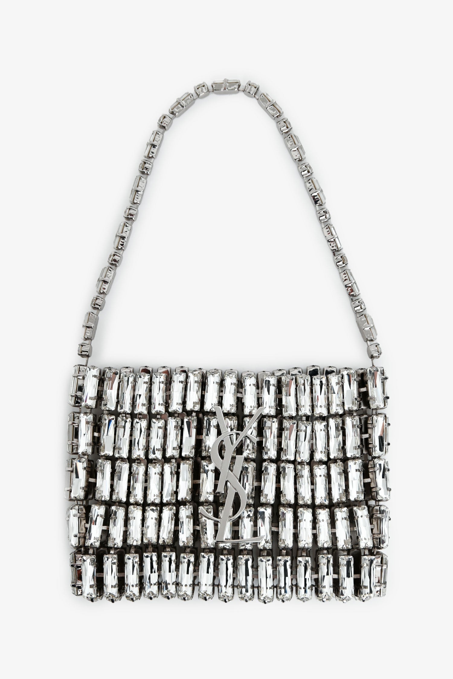 Saint Laurent Silver Tone Crystal Logo Micro Evening Bag