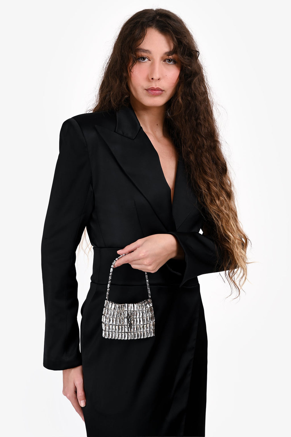 Saint Laurent Silver Tone Crystal Logo Micro Evening Bag