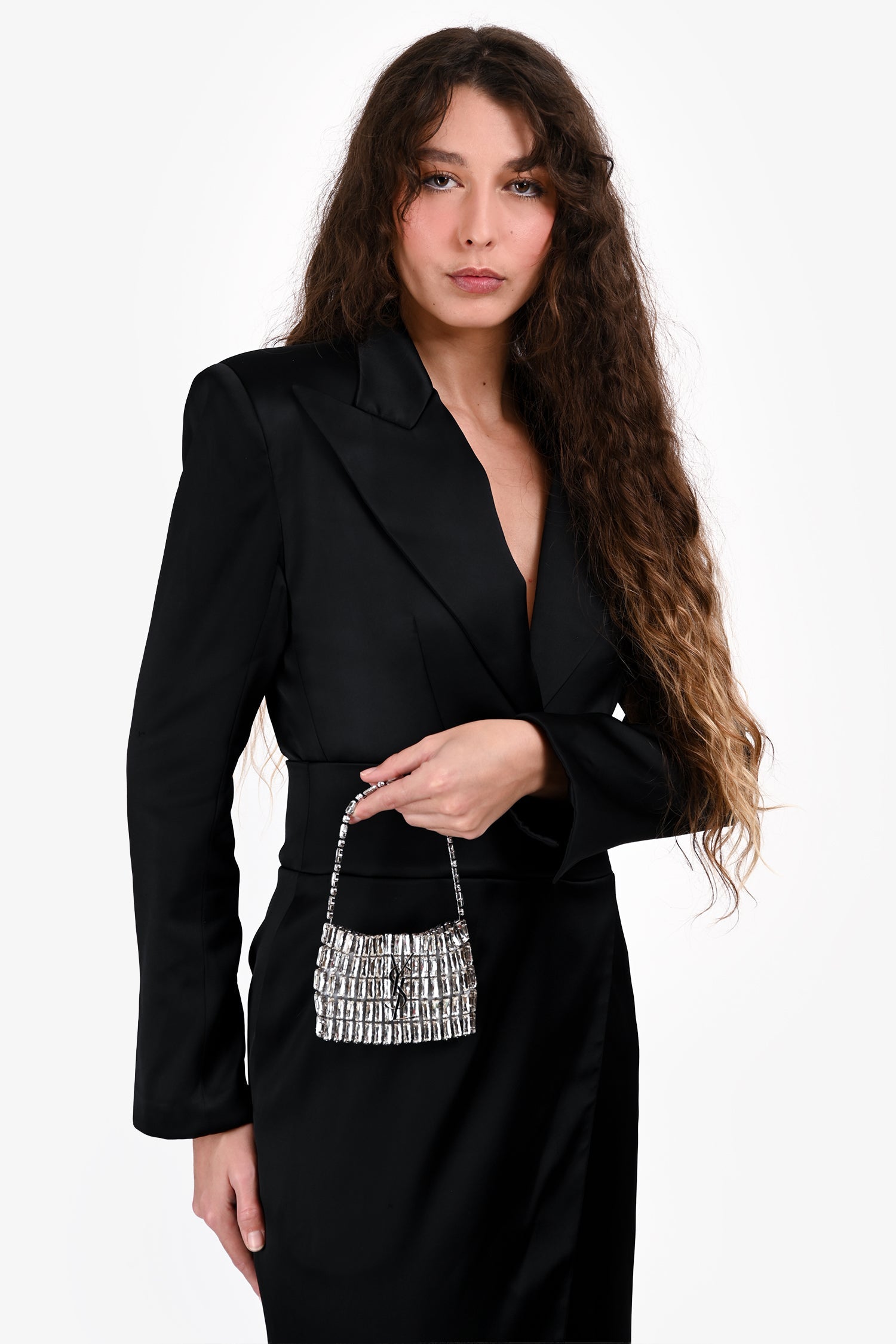 Saint Laurent Silver Tone Crystal Logo Micro Evening Bag