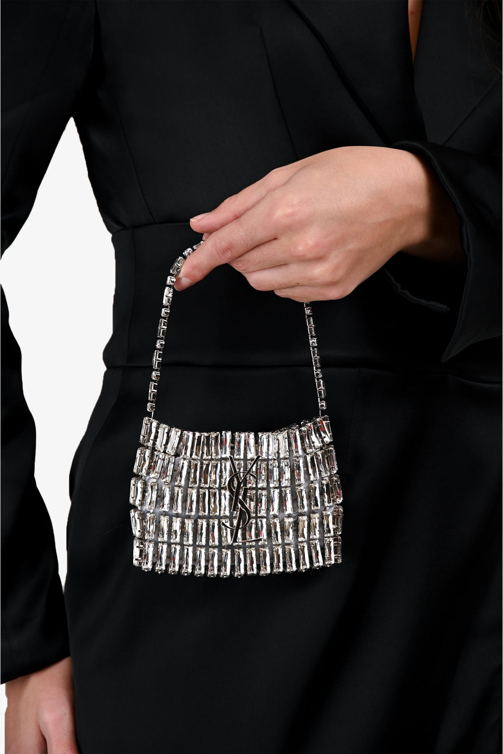 Saint Laurent Silver Tone Crystal Logo Micro Evening Bag