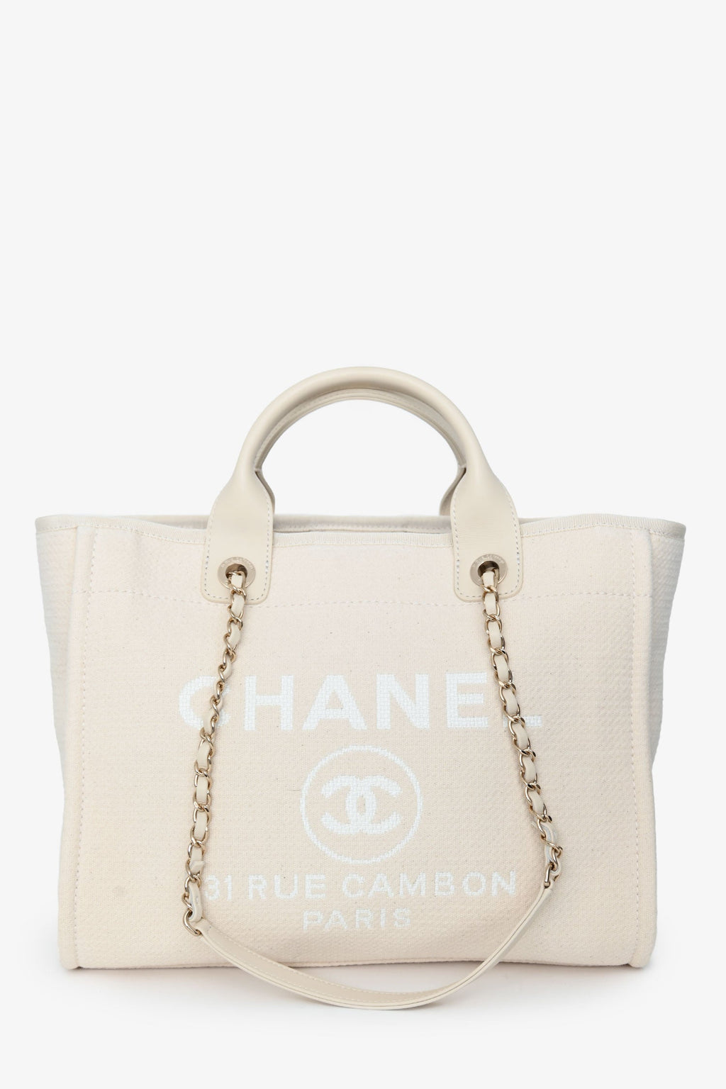 Pre-Loved Chanel™ Beige Canvas Small Deauville Shopping Tote with Pouch