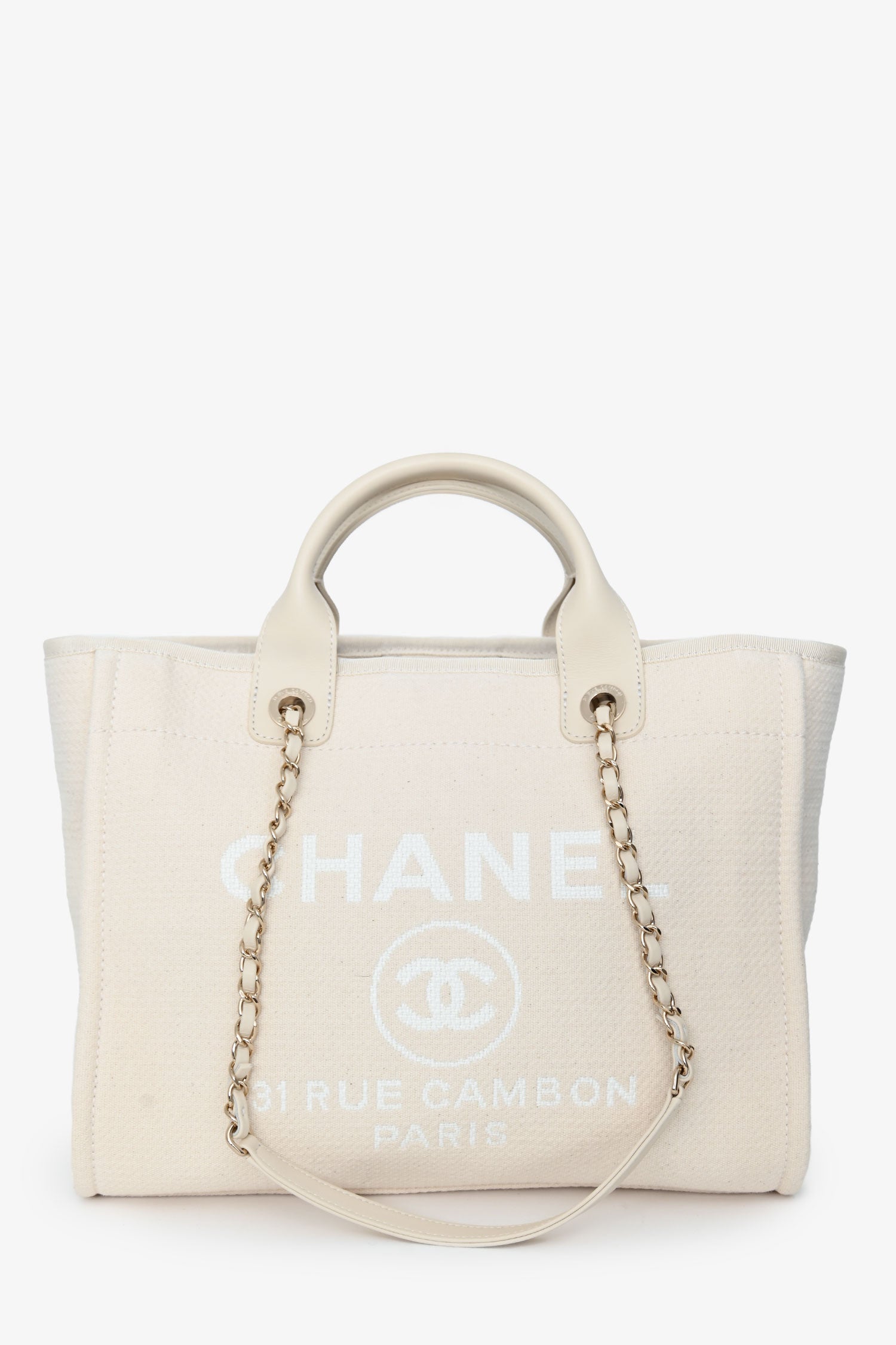 Pre-Loved Chanel™ Beige Canvas Small Deauville Shopping Tote with Pouch