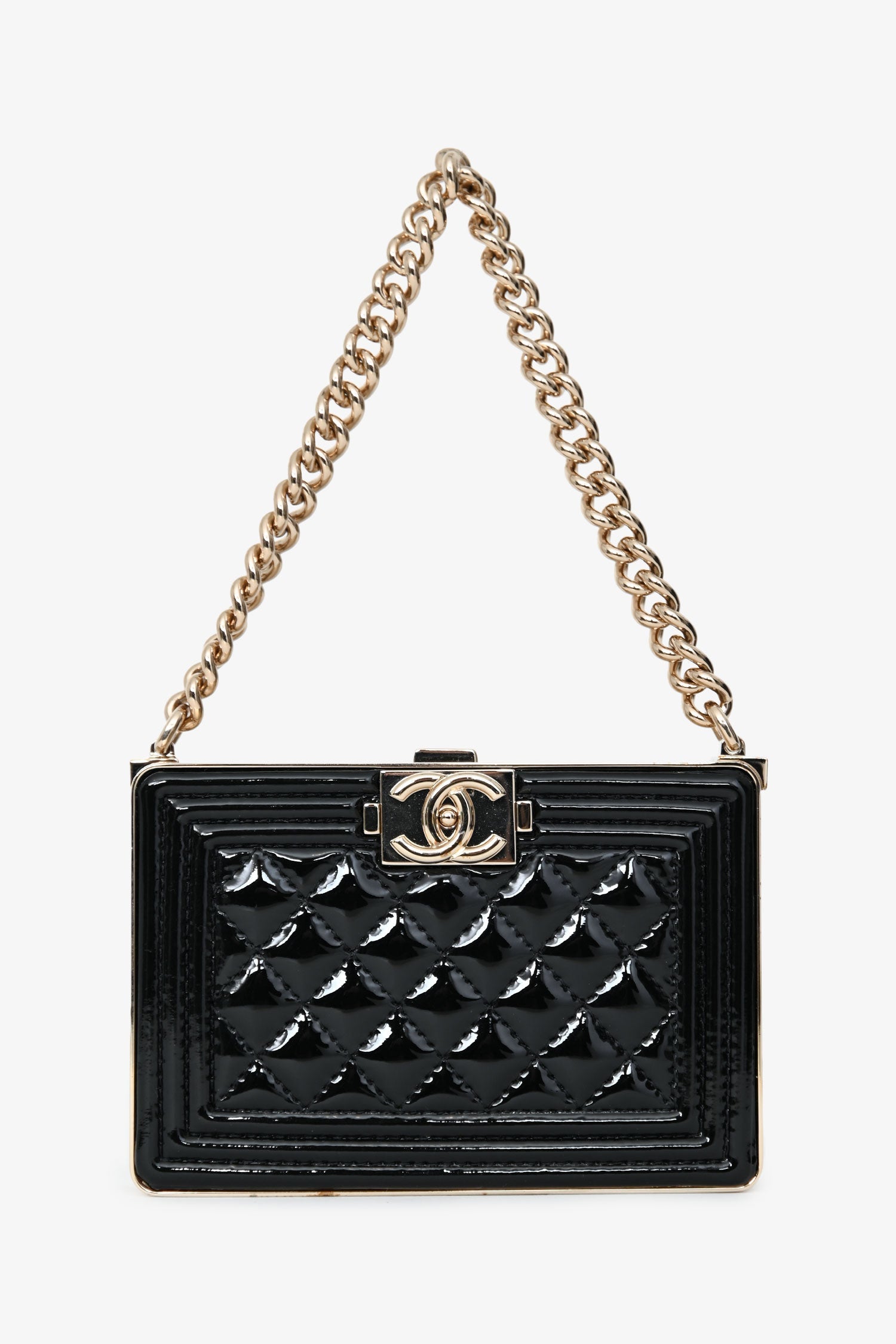 Pre-Loved Chanel™ Black Patent Calfskin 'Minaudiere' Chain Box Boy Bag