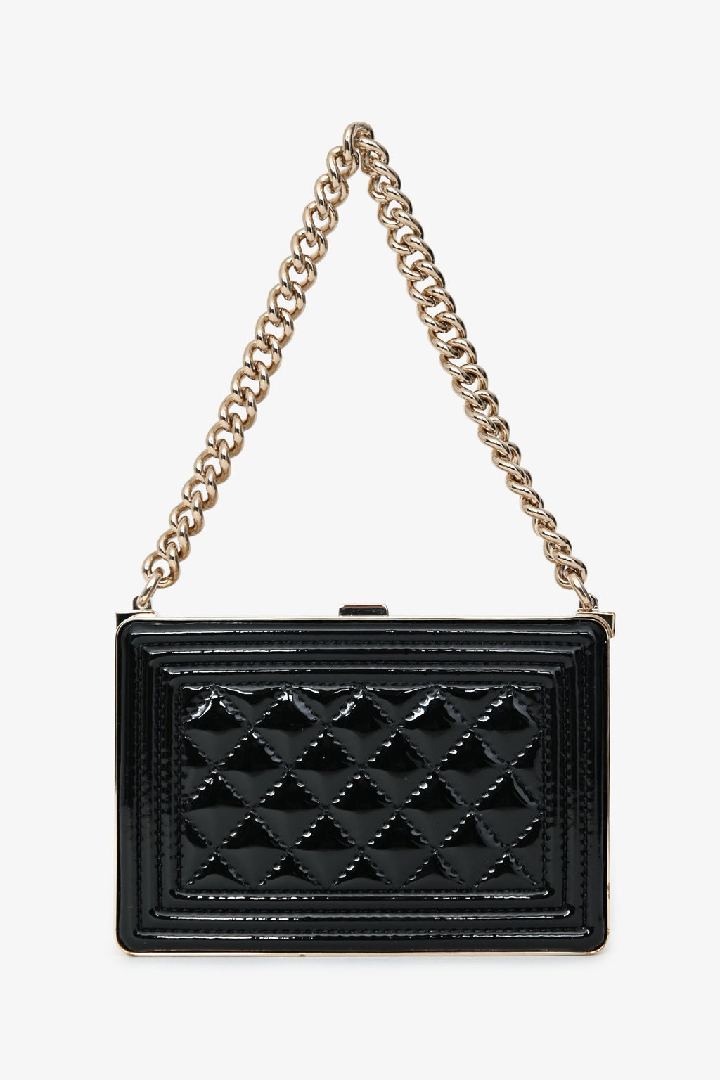 Pre-Loved Chanel™ Black Patent Calfskin 'Minaudiere' Chain Box Boy Bag