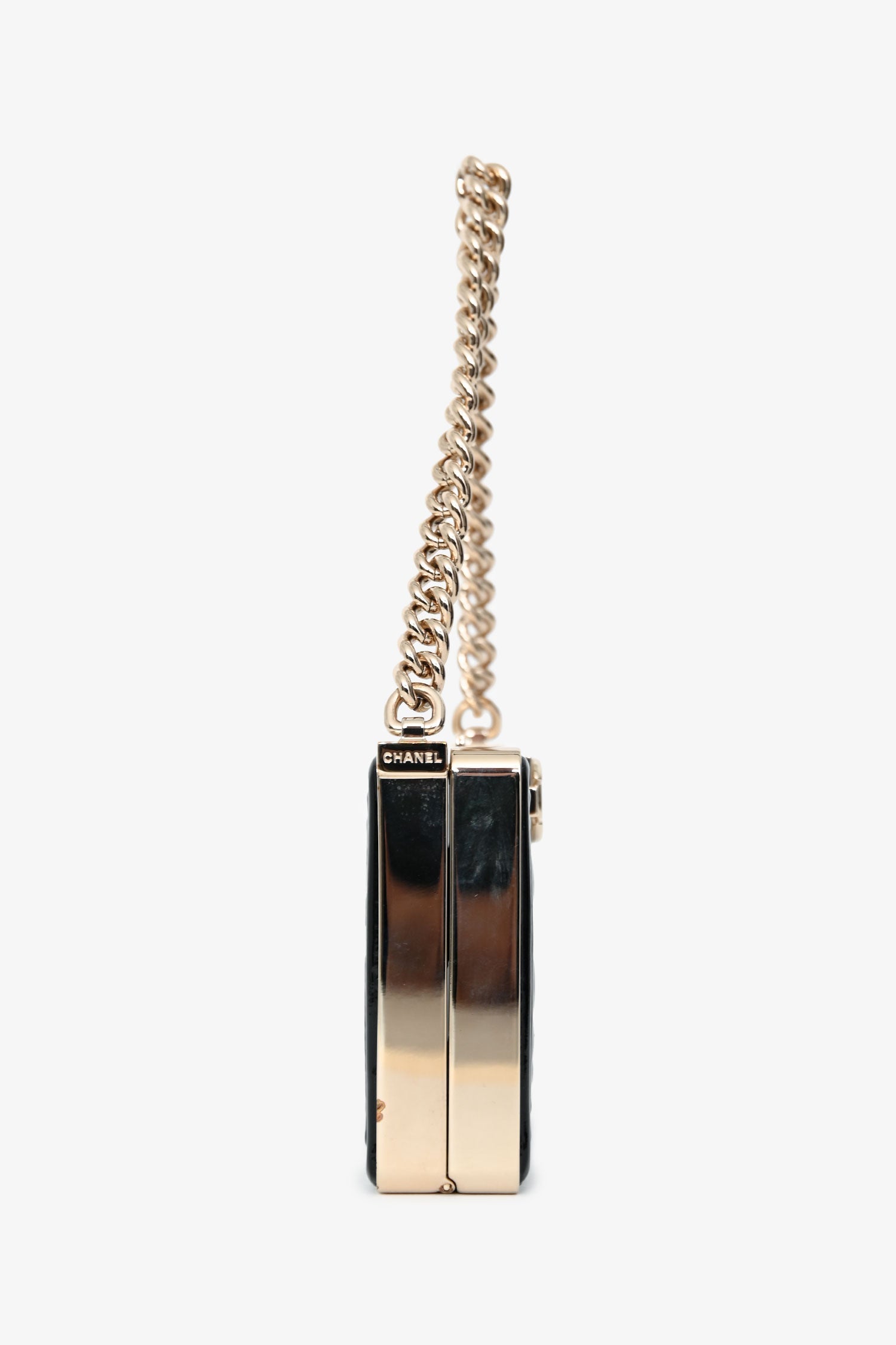Pre-Loved Chanel™ Black Patent Calfskin 'Minaudiere' Chain Box Boy Bag