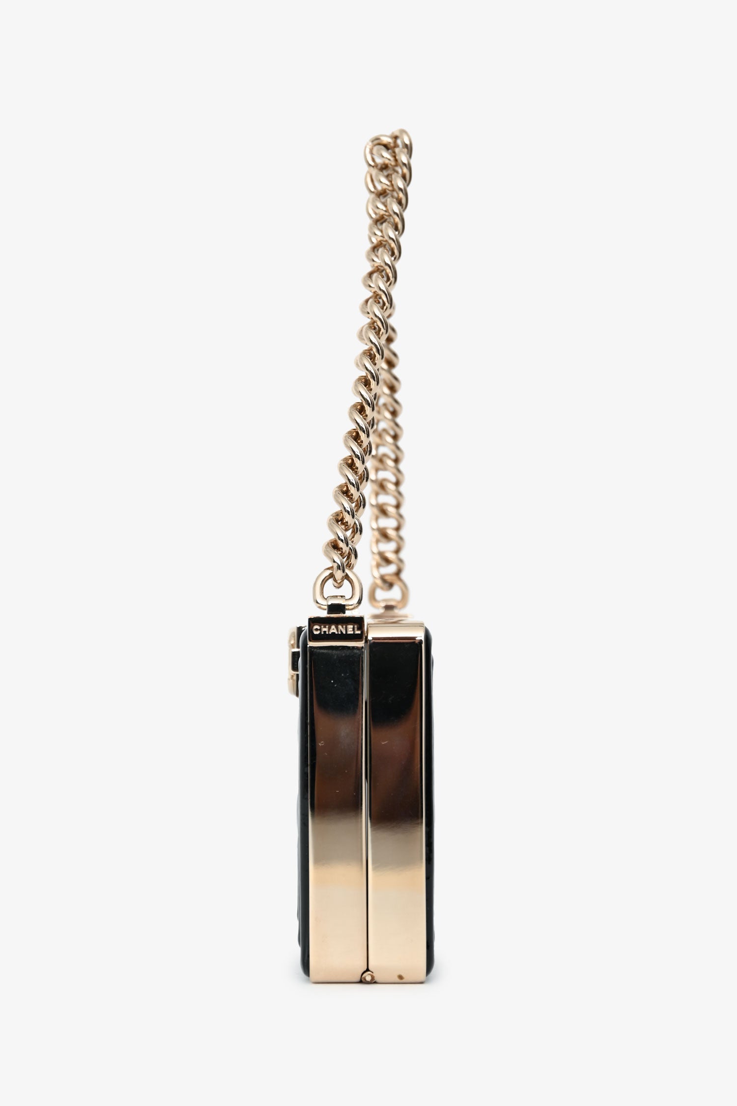 Pre-Loved Chanel™ Black Patent Calfskin 'Minaudiere' Chain Box Boy Bag