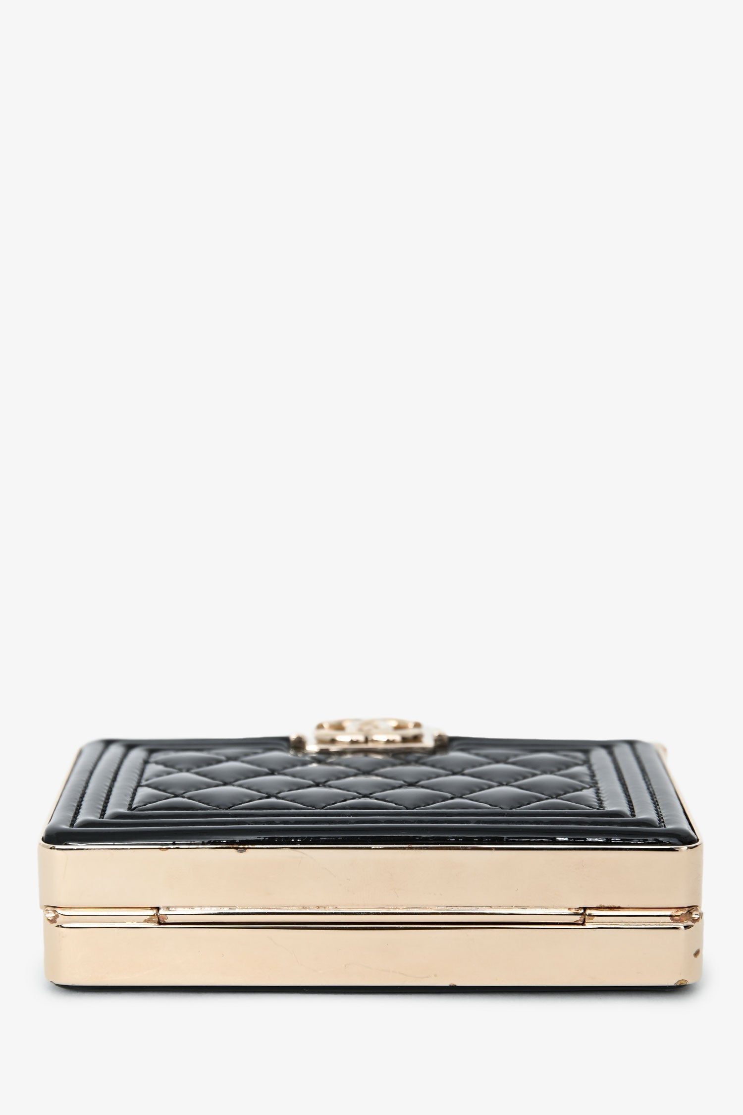 Pre-Loved Chanel™ Black Patent Calfskin 'Minaudiere' Chain Box Boy Bag