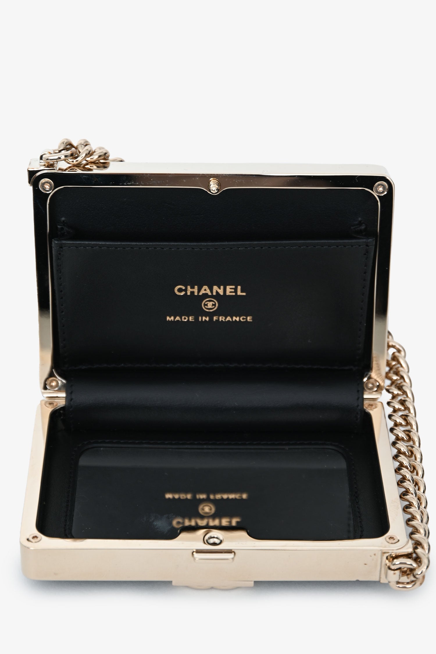 Pre-Loved Chanel™ Black Patent Calfskin 'Minaudiere' Chain Box Boy Bag