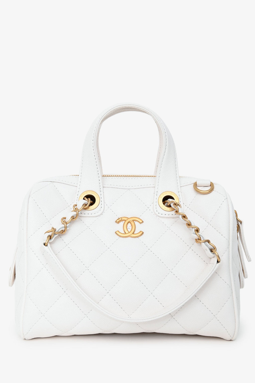 Pre-Loved Chanel™ White Caviar Leather Bowling Bag With Gold Hardware