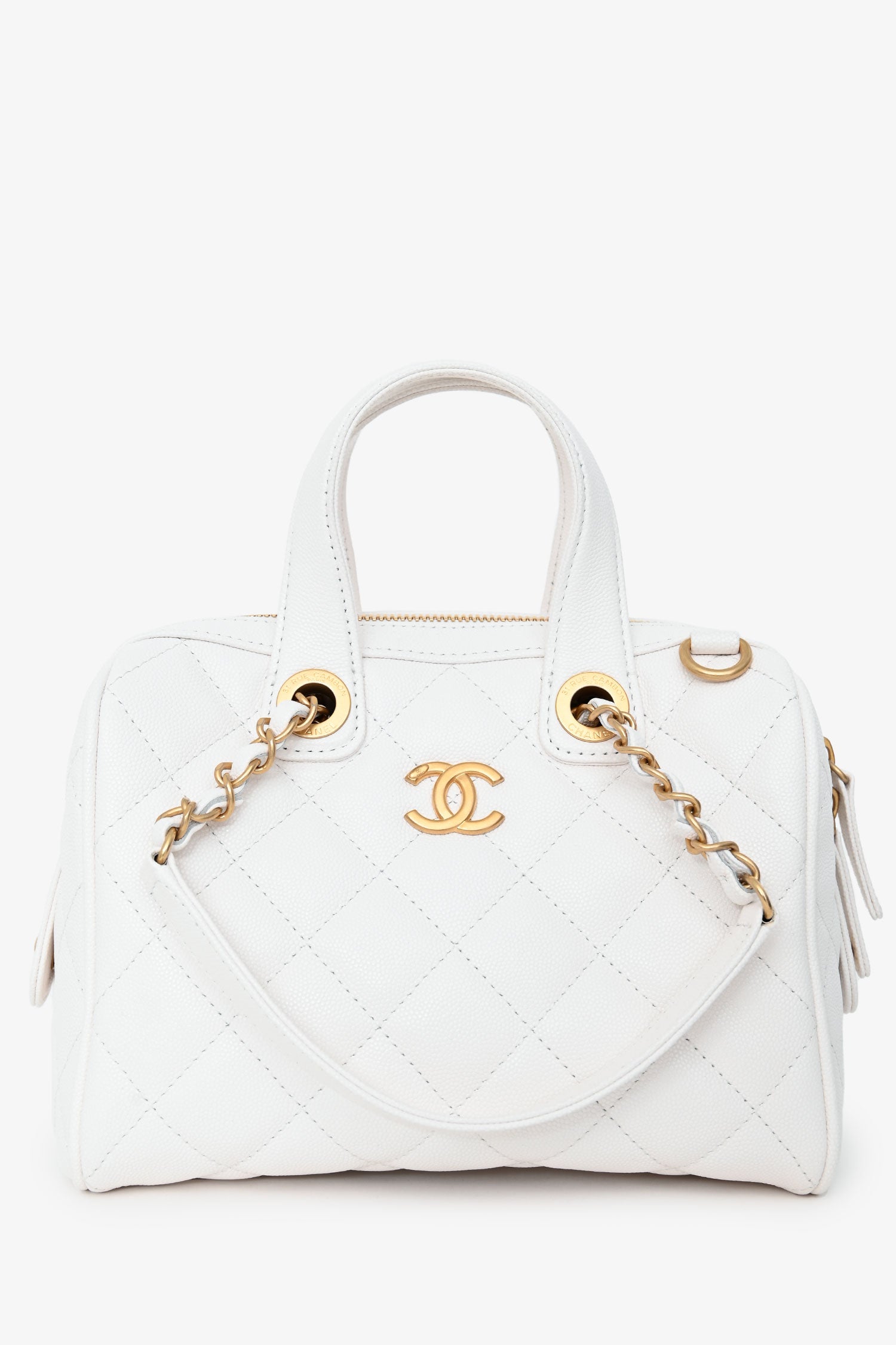 Pre-Loved Chanel™ White Caviar Leather Bowling Bag With Gold Hardware