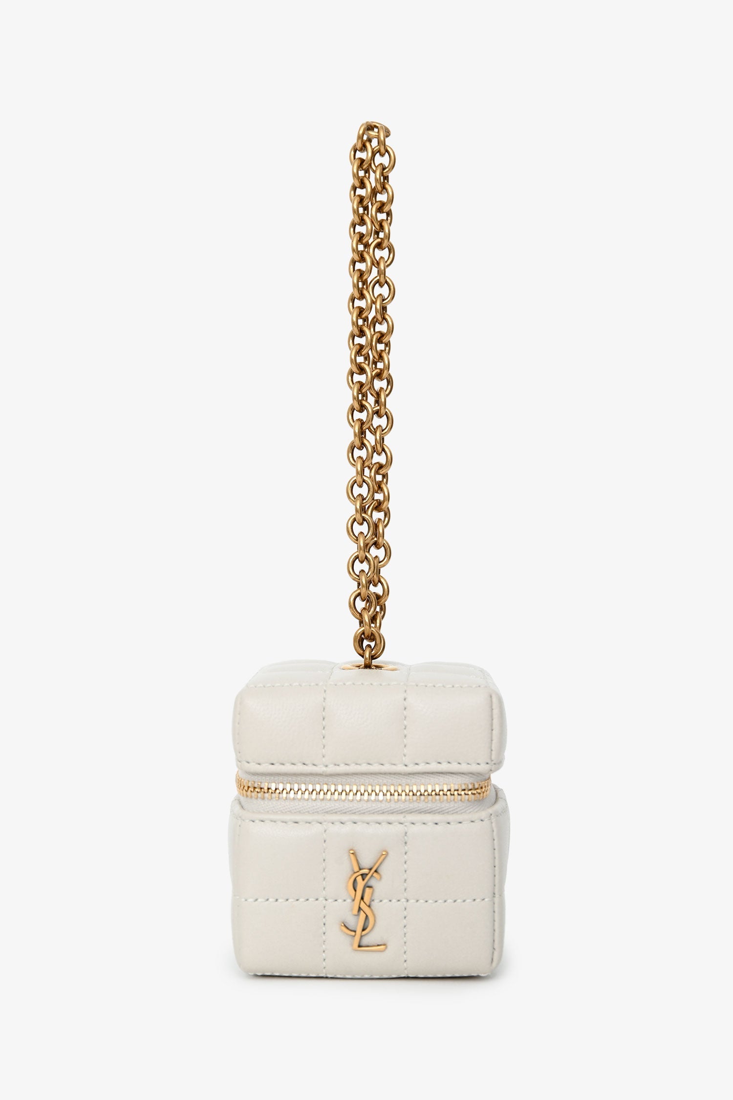 Saint Laurent White Lambskin Cassandre Matelasse Logo Cube Wristlet