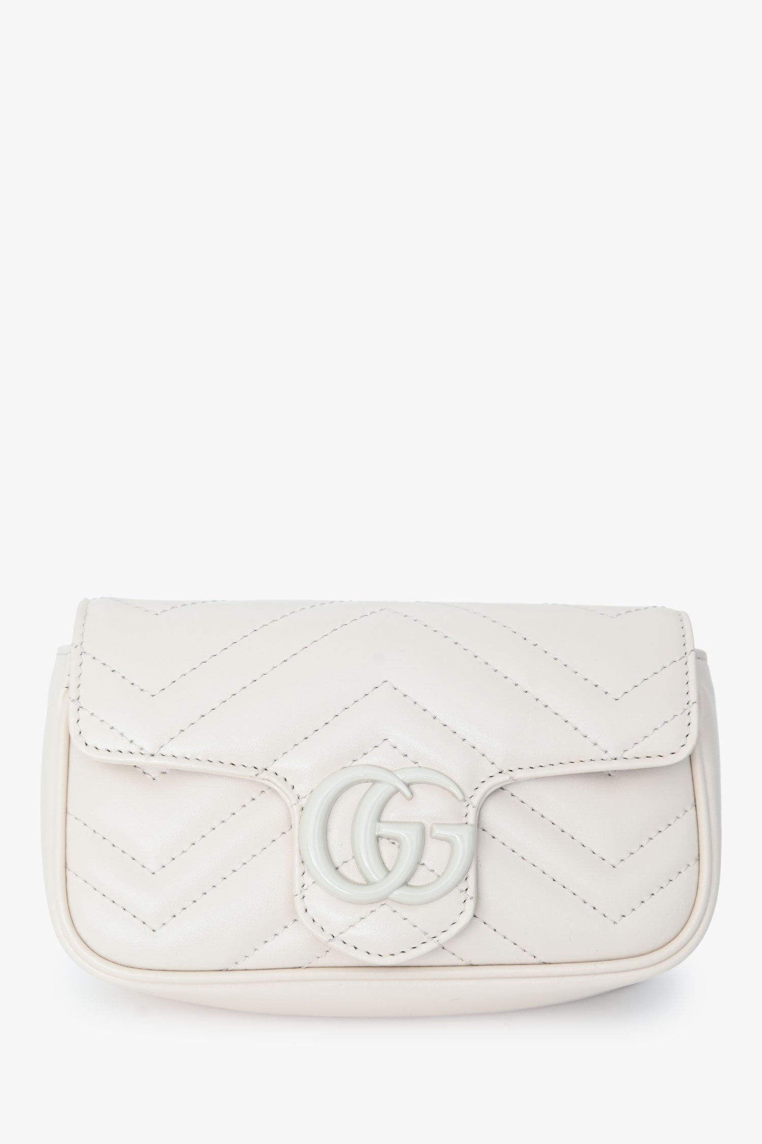 Gucci White Leather Chevron Quilted Super Mini GG Marmont Belt Bag