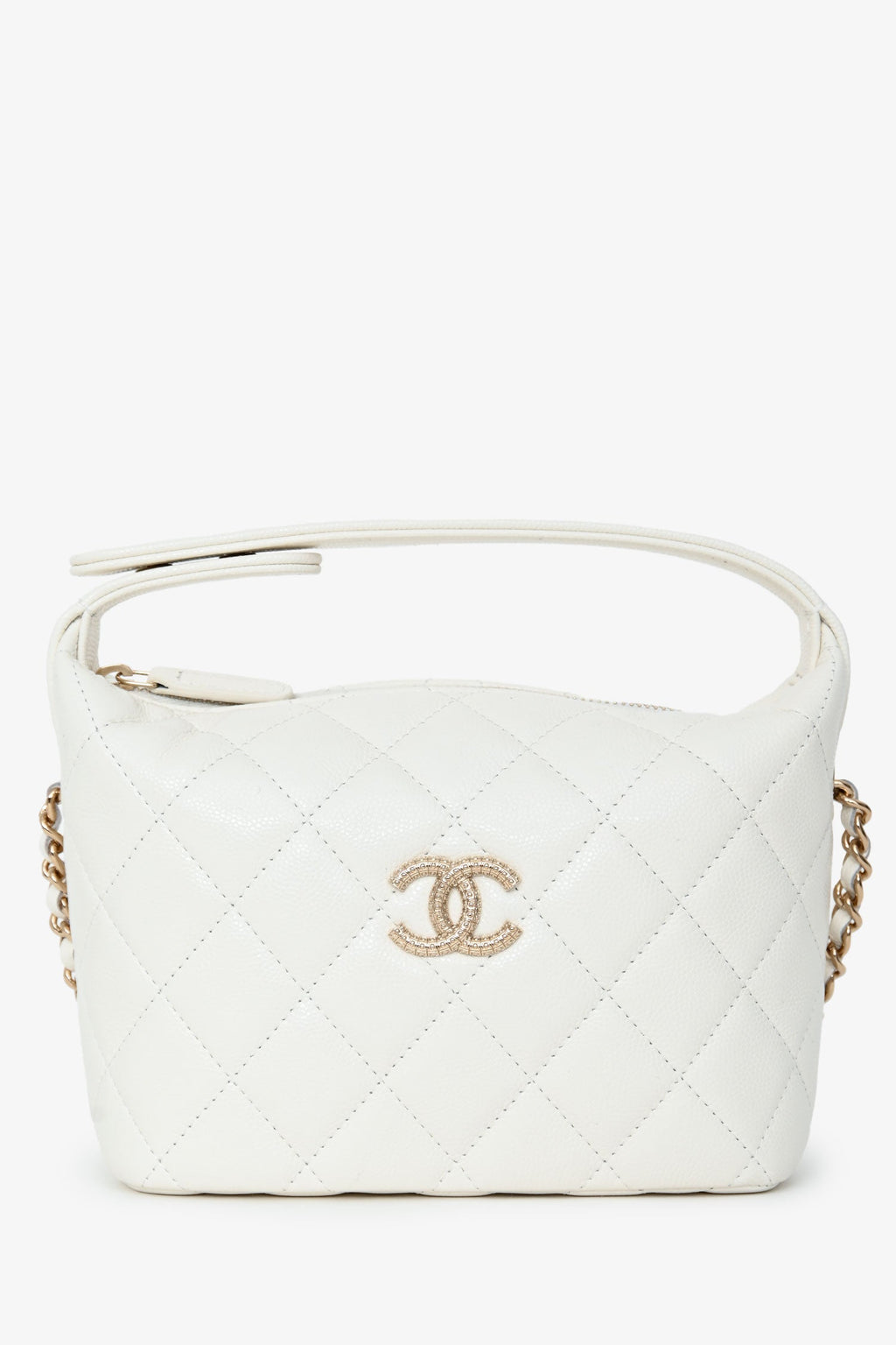 Pre-Loved Chanel™ White Caviar Leather Small Quilted Hobo with Removable Chain